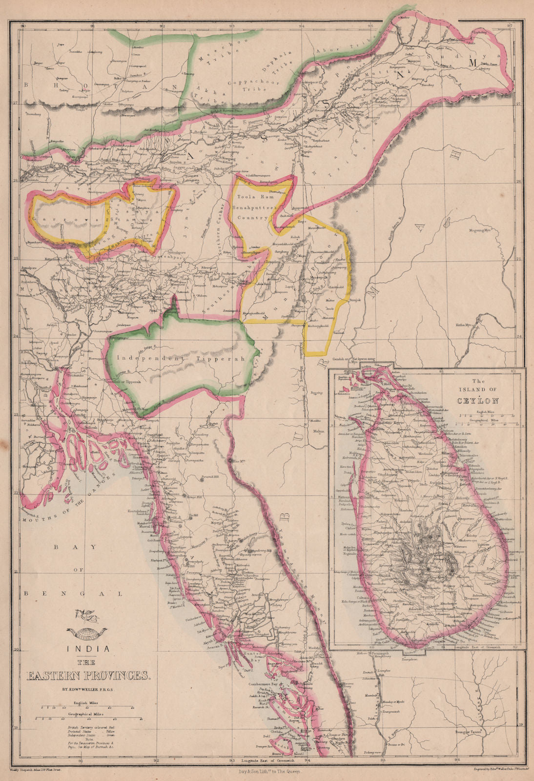 BRITISH INDIA 'Eastern Provinces'. Ceylon Burmah Tipperah. WELLER 1863 old map